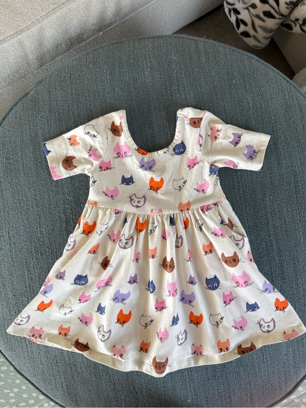 Quince Cream Dress with Multicolor Cat Faces